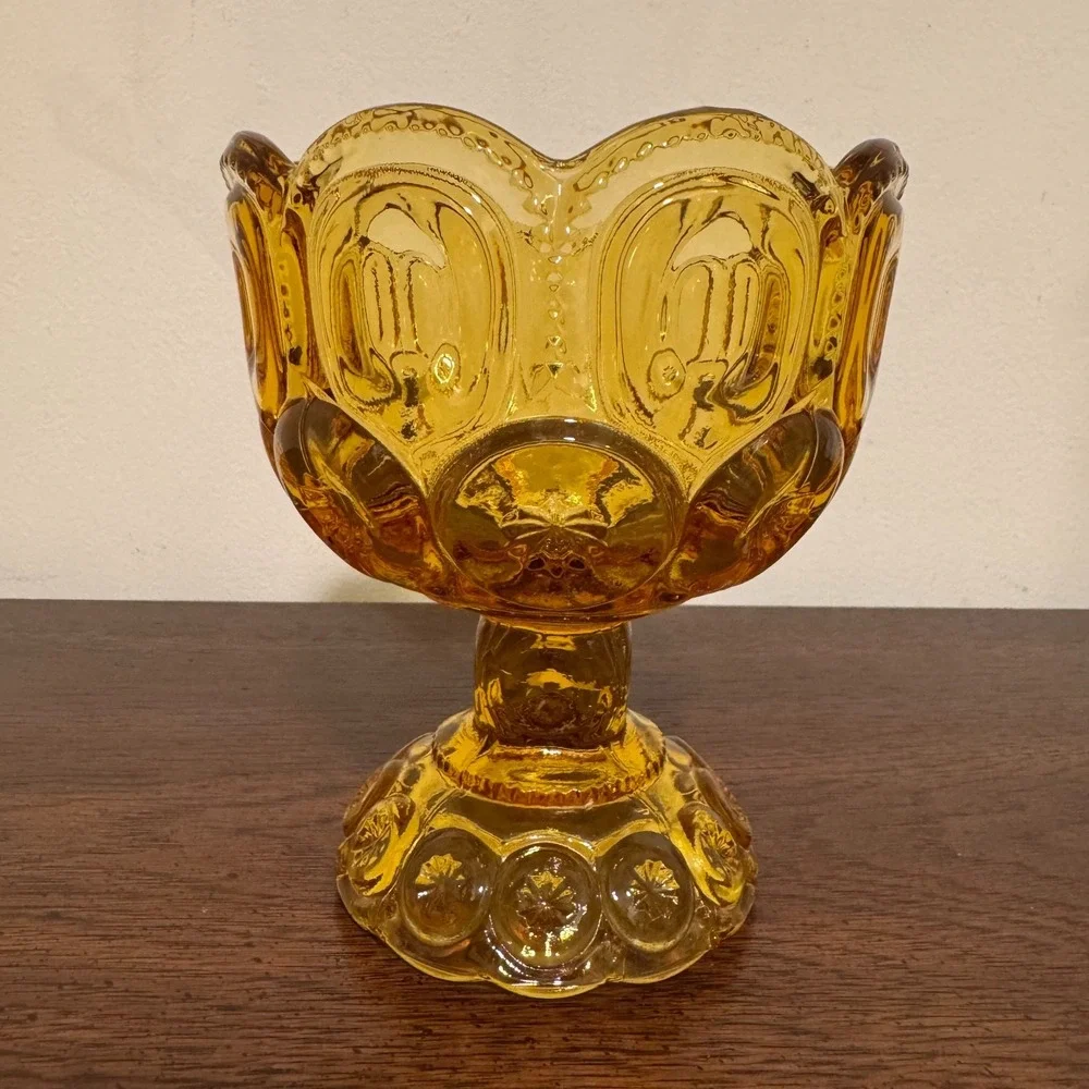 Vintage L.E. Smith Moon Stars Amber Pedestal Compote Candy Dish Ruffled Edge